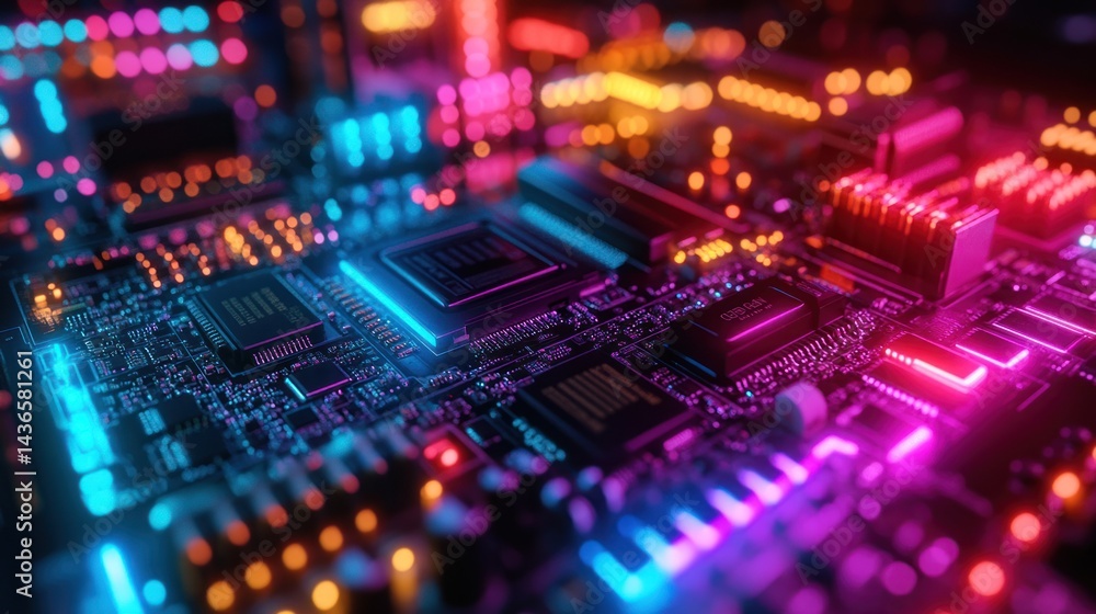Illuminated circuit board with vibrant colors showing electronic components and connections.