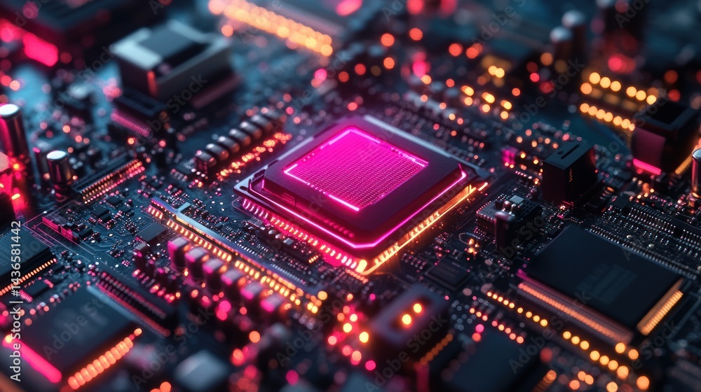 Close-up of a computer chip with neon pink and orange lighting. Close-up of a computer chip with neon pink and orange lighting.