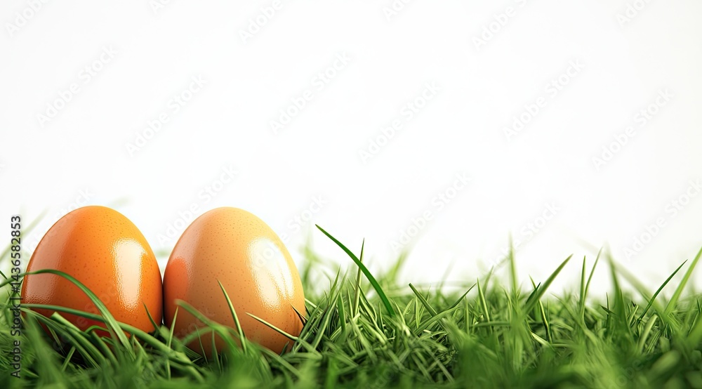 Two vibrant, light orange eggs nestled in a bed of fresh green grass against a pristine white background Two vibrant, light orange eggs nestled in a bed of fresh green grass against a pristine white background