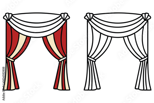 of Red and Cream Striped Curtains with Swags Isolated on White