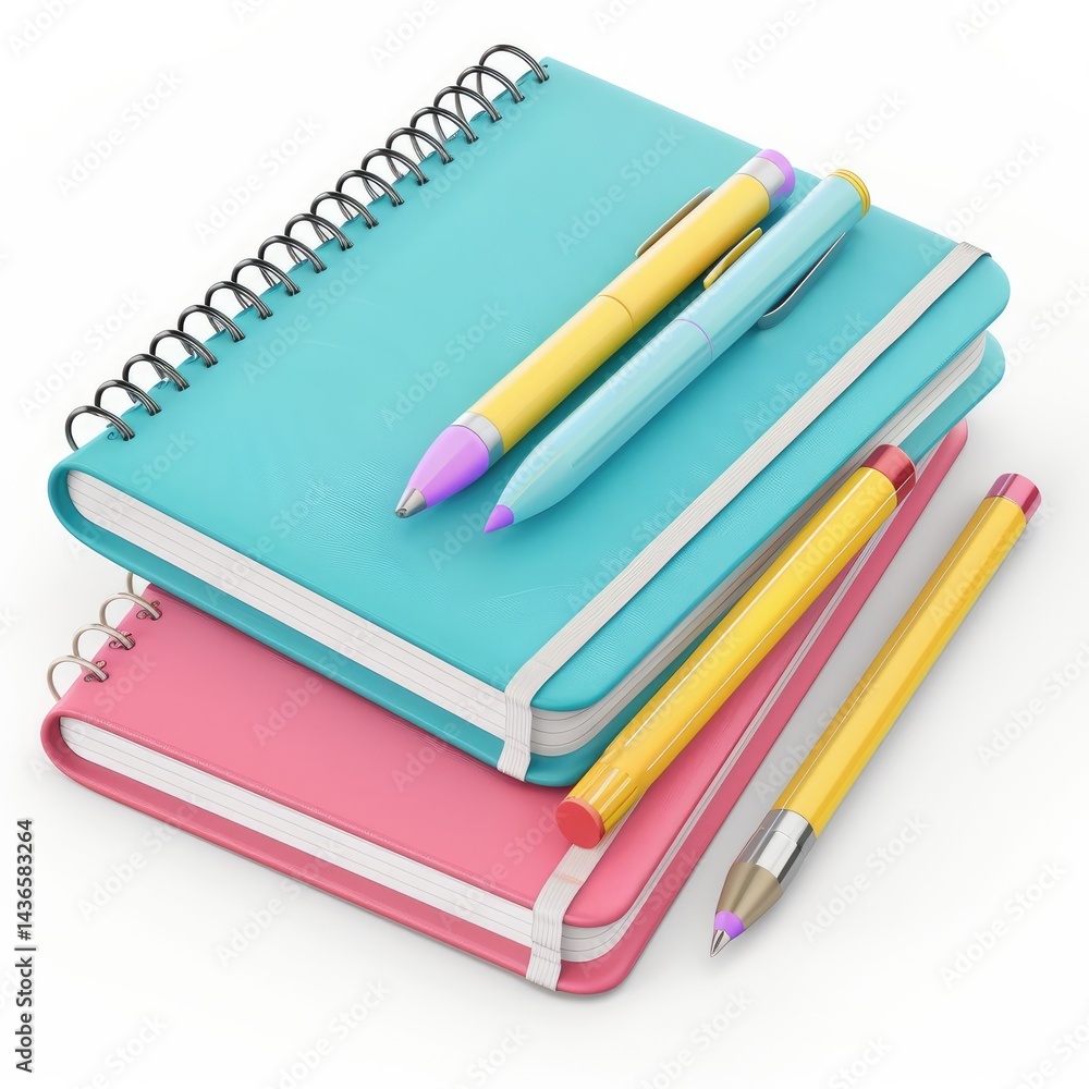 Colorful spiral notebooks and pens arranged on a white background. Colorful spiral notebooks and pens arranged on a white background.