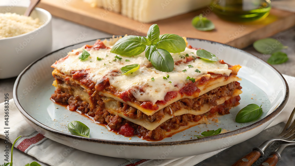 Freshly Baked Italian Lasagna with Basil and Cheese Garnish Freshly Baked Italian Lasagna with Basil and Cheese Garnish
