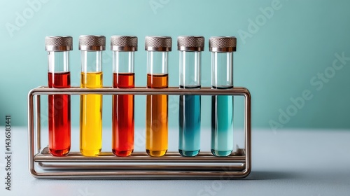 Laboratory test tubes with colorful liquids reflecting surreal olo color science environment perfect for futuristic scientific research visuals and conceptual medical communication