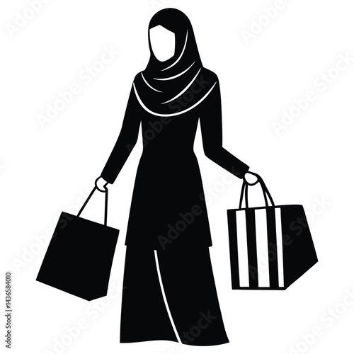 hijabi woman shopping in urban city colorful vec