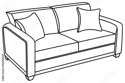 Line drawing sofa with two cushions, furniture contour on transparent design
