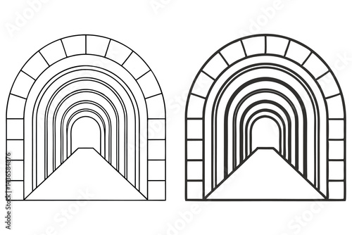 Two Arched Passages with Stone Brick Design, Black Outline on Transparent Background