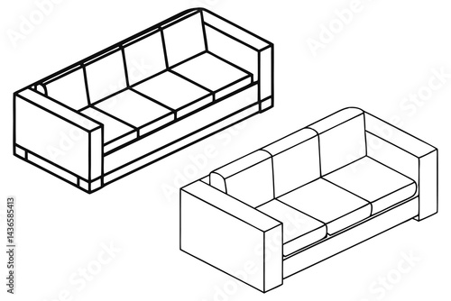 Outline sofas illustration, threeseater with cushions on a transparent background