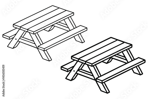 Two Isometric Picnic Table Outlines on Transparent Background, Wood Structure