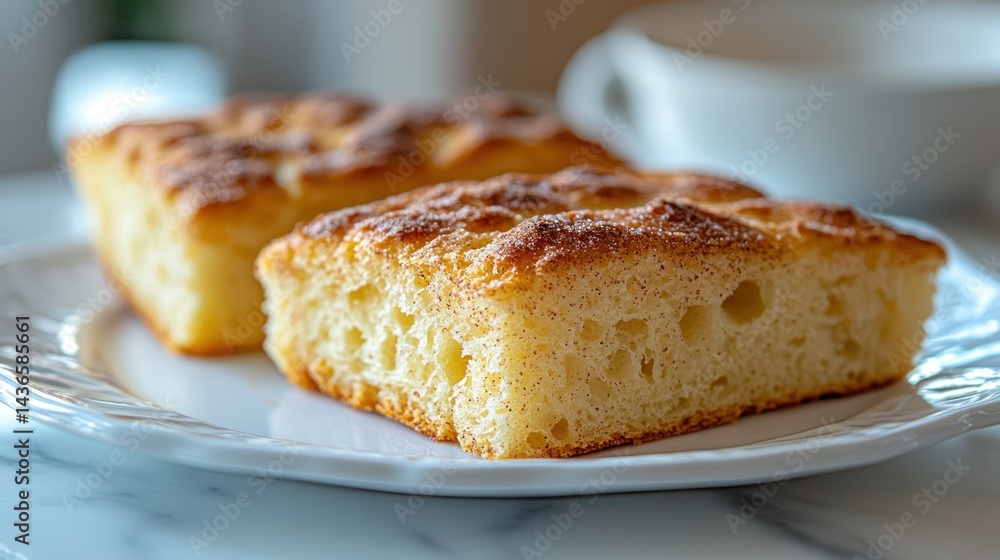 Two golden-brown squares of crusty bread, slightly sweet, on a white plate Two golden-brown squares of crusty bread, slightly sweet, on a white plate