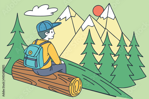 97 Cartoon character, blue cap, backpack, sitting on log, mountain view, pine trees, snowy peaks, bright sun, minimalist style, 3D rendering, vibrant colors, outdoor adventure, back view, stylized lan