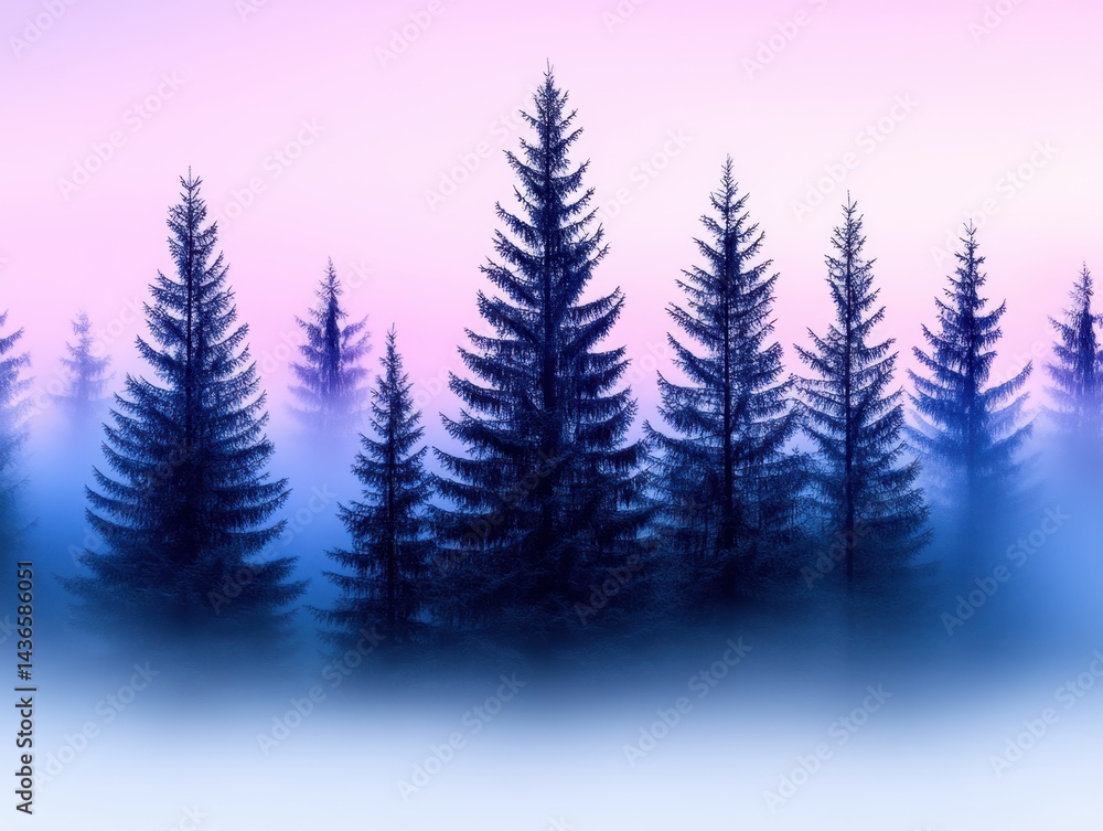 Obraz premium Misty sunrise over a dark evergreen forest, showcasing tall trees in a serene, dreamlike atmosphere