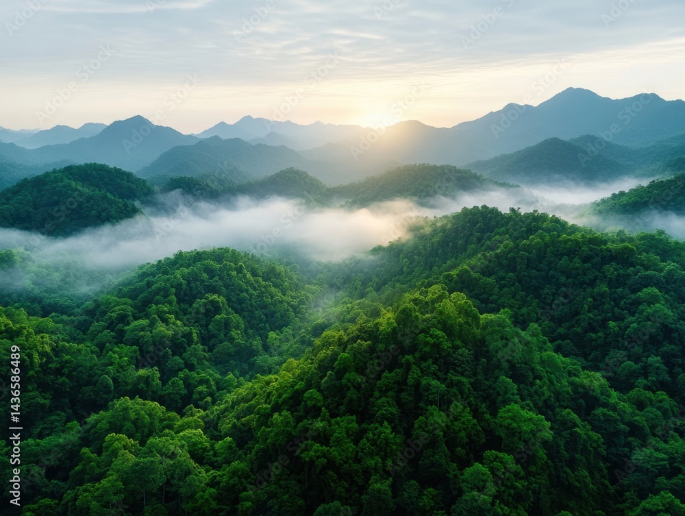 Obraz premium Sunrise over lush, misty mountain range. Rolling green hills and valleys bathed in sunlight