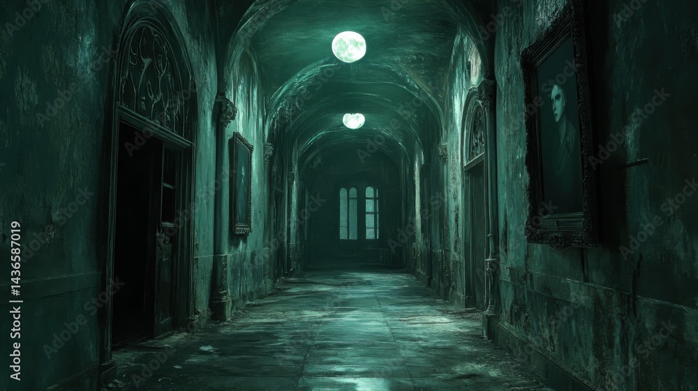 Old magical school hallway with ancient portraits whose eyes follow you, moonlight casting an unsettling glow, anime style, nighttime Old magical school hallway with ancient portraits whose eyes follow you, moonlight casting an unsettling glow, anime style, nighttime
