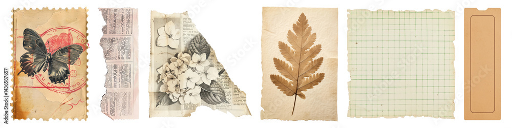 PNG Vintage collage paper elements, element set on transparent background