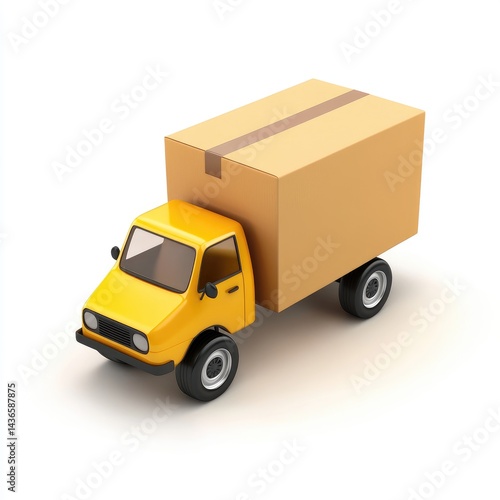 Small yellow delivery truck carrying a large cardboard box.