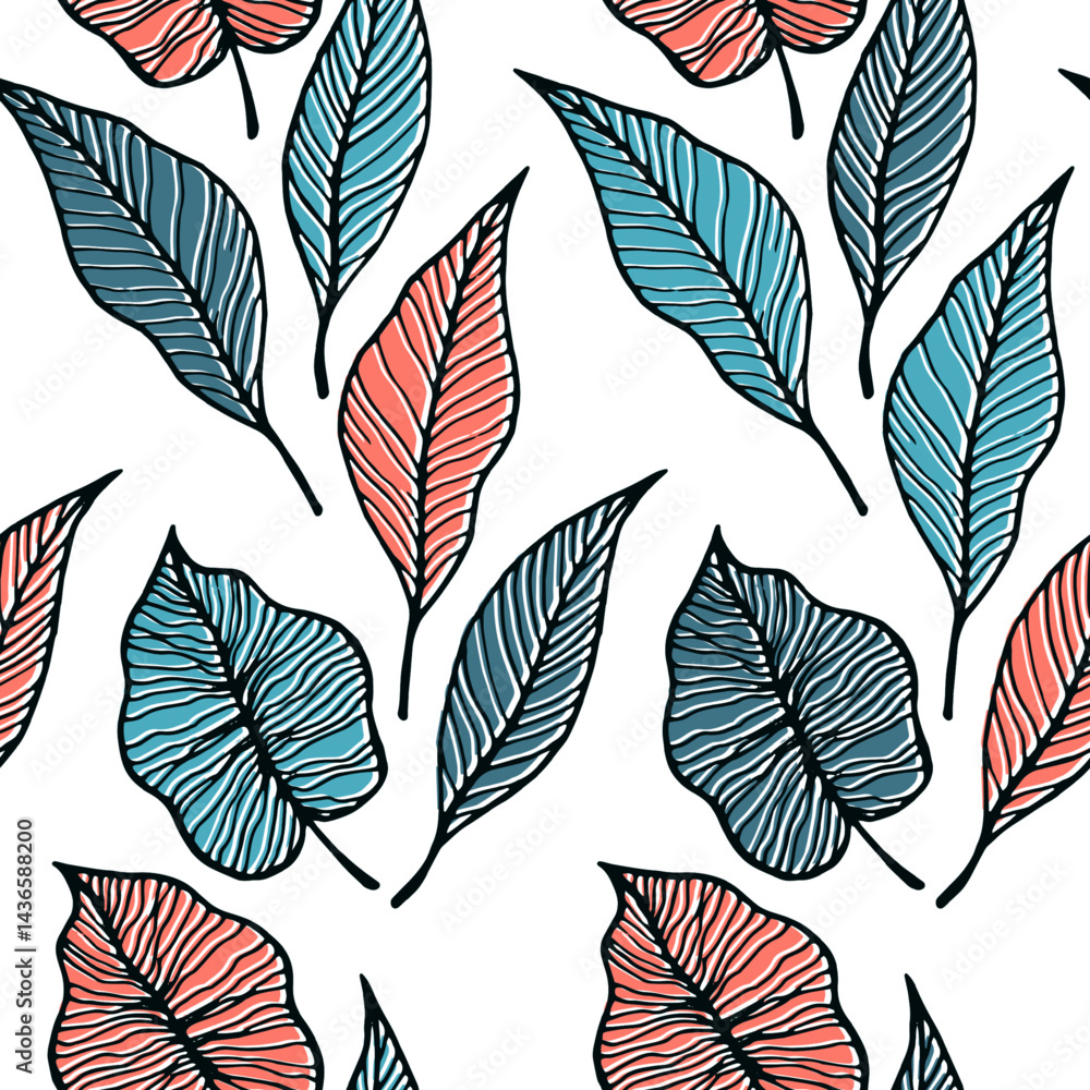 Obraz premium Leaf with vein floral vector seamless pattern. Botanical elements background. Tree plant foliage skeleton texture. Colorful leaves herbal endless ornament. Delicate summer design.