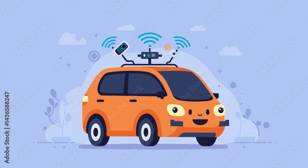 Obraz premium Cartoon orange car with sensors against blue background
