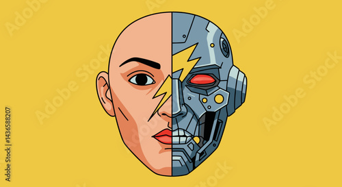 Half human half robot illustration on yellow background