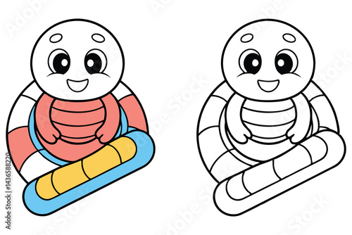 Smiling Cartoon Turtle with Blue and Yellow Surfboard in Line Art