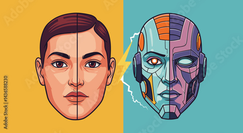 Human face merging with robotic face in vibrant digital art