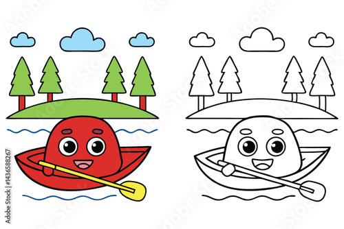 Cartoon Character in Rowboat Rowing on Wavy Water near Trees and Clouds