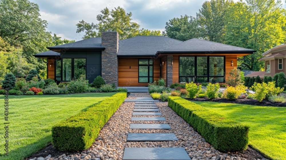 Fototapeta premium Modern home exterior with landscaping