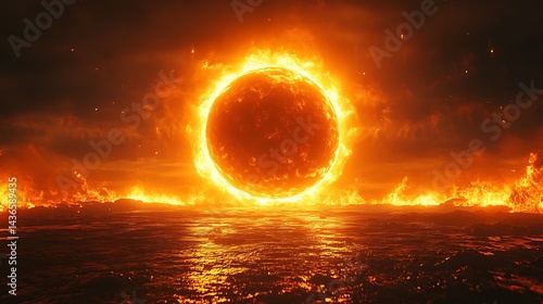 Digital sun with intense fiery glow creating dramatic sky reflection Photo photo