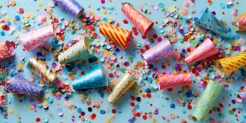 Wallpaper Mural Colorful confetti and party poppers scattered on a light-blue background, suggesting celebration and festivity Torontodigital.ca