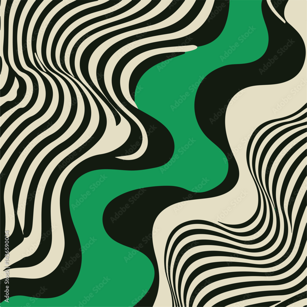 Obraz premium Abstract vector illustration with flowing wavy lines, green, black, and cream colors, creating an optical illusion and dynamic movement effect in a modern op-art style.