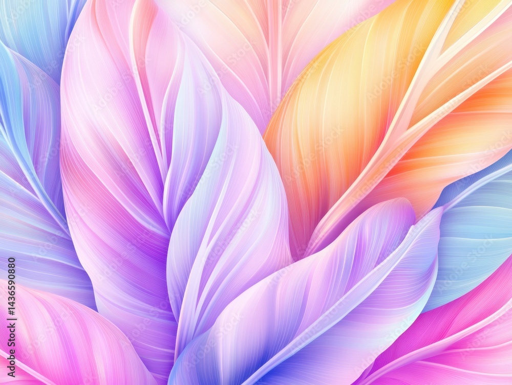 Pastel-colored leaves, overlapping and creating a vibrant, abstract design. Smooth gradients and soft textures