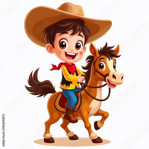 Happy cowboy boy riding a toy horse, wearing a big hat and boots