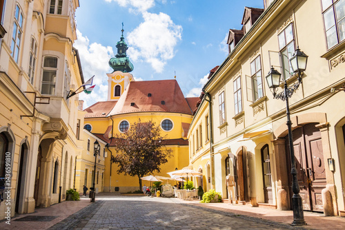 The Carmelite church seen from the street in Gyor, Hungary