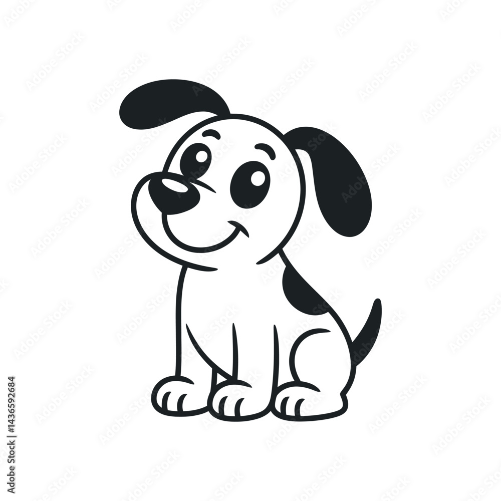 Naklejka premium Cute Puppy Cartoon Illustration Black And White Dog With Spot Sitting Design Element Friendly Pet Line Art Simple Vector