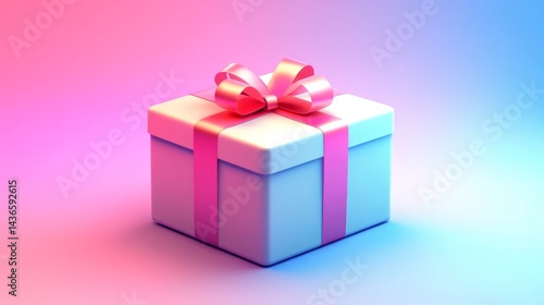 The delicate pink ribbon beautifully complements the elegantly wrapped gift box, which is showcased in neon hued lighting