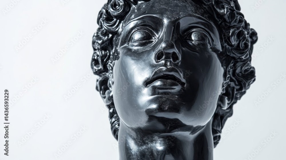 Classical male statue in glossy black finish on bright studio background. Classical male statue in glossy black finish on bright studio background.