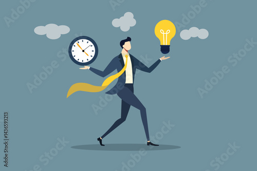 Time management, efficiency, productivity to finish work, delegation, finish tasks, prioritize responsibility, manage schedule, planning concept, businessman holding time clock with pie chart routine.