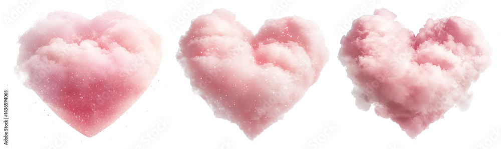 Fototapeta premium PNG Fluffy pink heart clouds, element set on transparent background