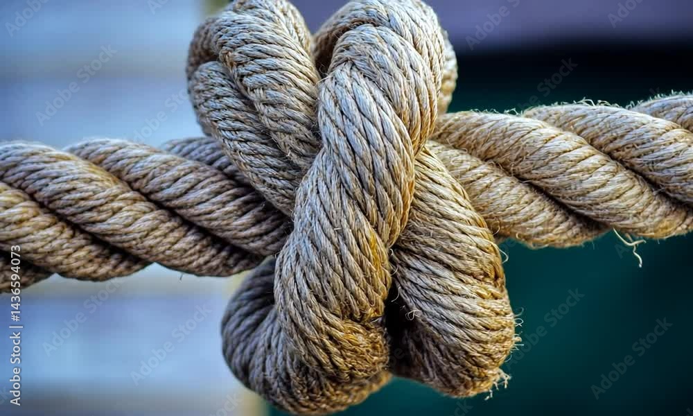 Close-up of a tightly tied nautical knot on a rope with a blurred green background Close-up of a tightly tied nautical knot on a rope with a blurred green background