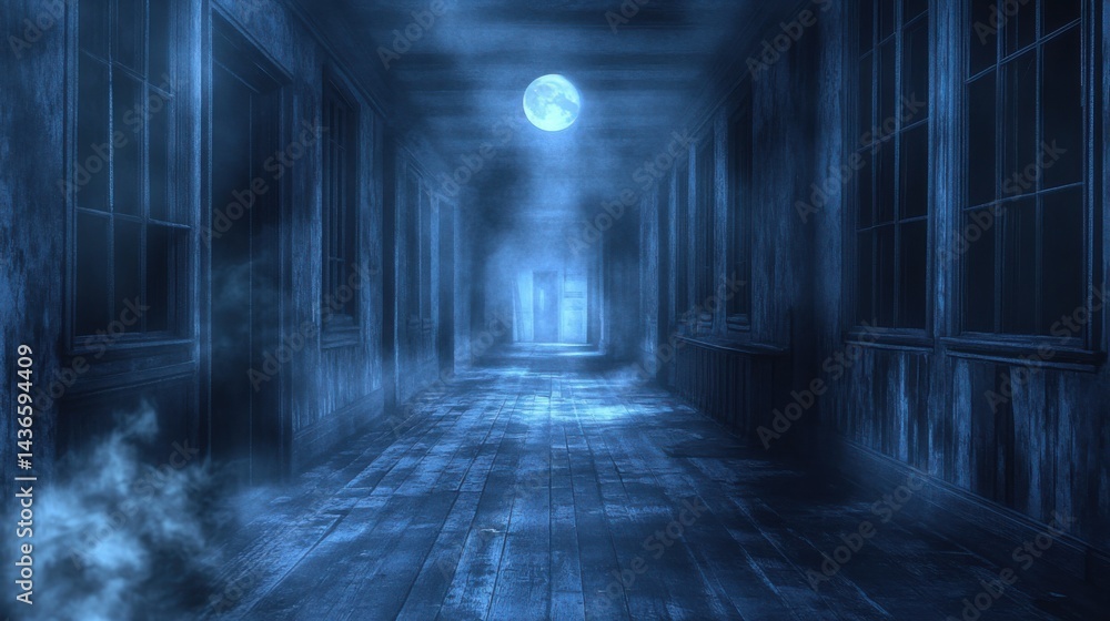 Fototapeta premium Long, moonlit hallway in an old magical school, dust motes visible in the faint light, anime style, nighttime 