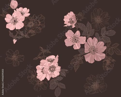 Seamless floral pattern, from roses with leaves, mocha mousse floral pattern with an intricate pattern reminiscent of porcelain or fabric prints.	
