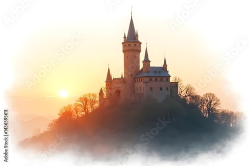 Sunrise-Lit Castle Tower with Warm Golden Tones