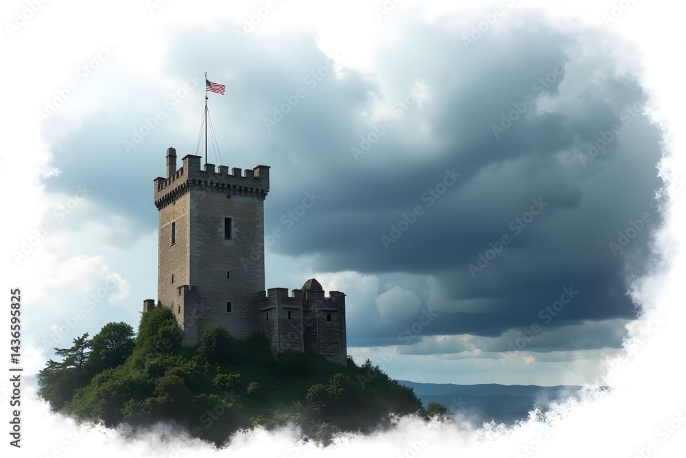Dramatic storm clouds looming over a historic castle watchtower Dramatic storm clouds looming over a historic castle watchtower