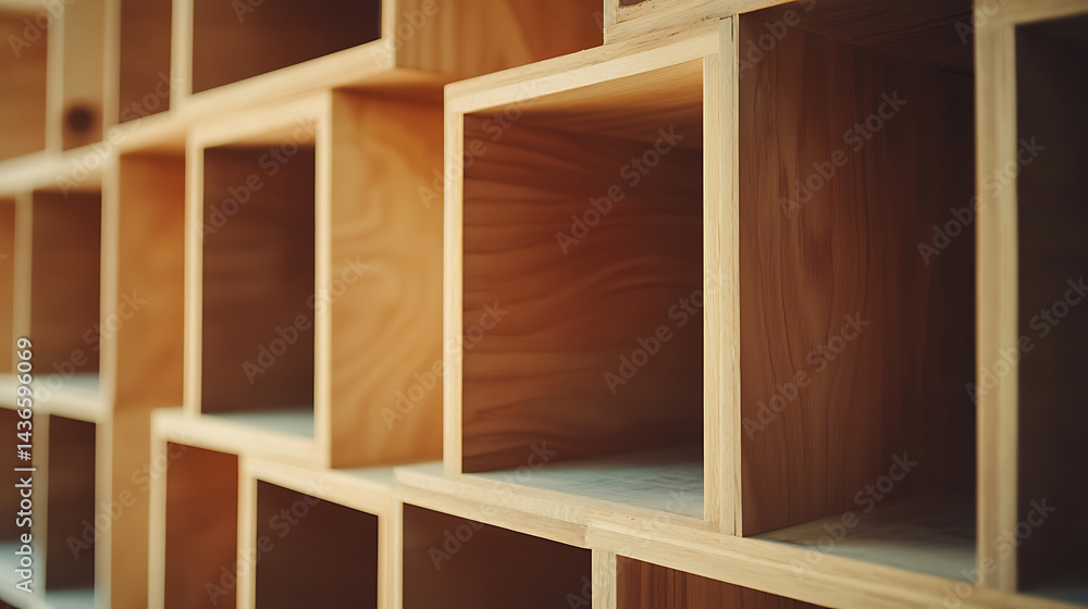 Fototapeta premium Modern Wooden Shelving Unit with Cube Compartments