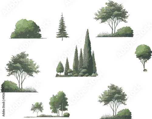 Vector watercolor green tree or forest side view isolated on white background for landscape and architecture drawing,elements for environment or garden,botanical element for exterior section in spring
