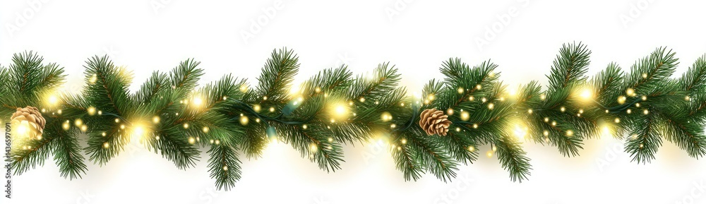 Christmas garland with pine branches and warm lights Christmas garland with pine branches and warm lights
