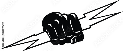 Black and White vector llustration Clenched Fist Holding Lightning Bolt – Powerful Symbol of Strength, Resistance, and Energy