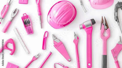 Creative arrangement pink construction tools safety helmet pliers hammers screwdrivers organized on white background image