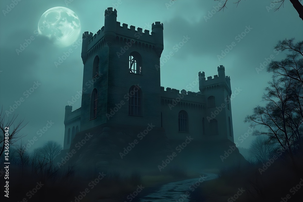 Haunted-Looking Castle Tower with Eerie Broken Windows Haunted-Looking Castle Tower with Eerie Broken Windows