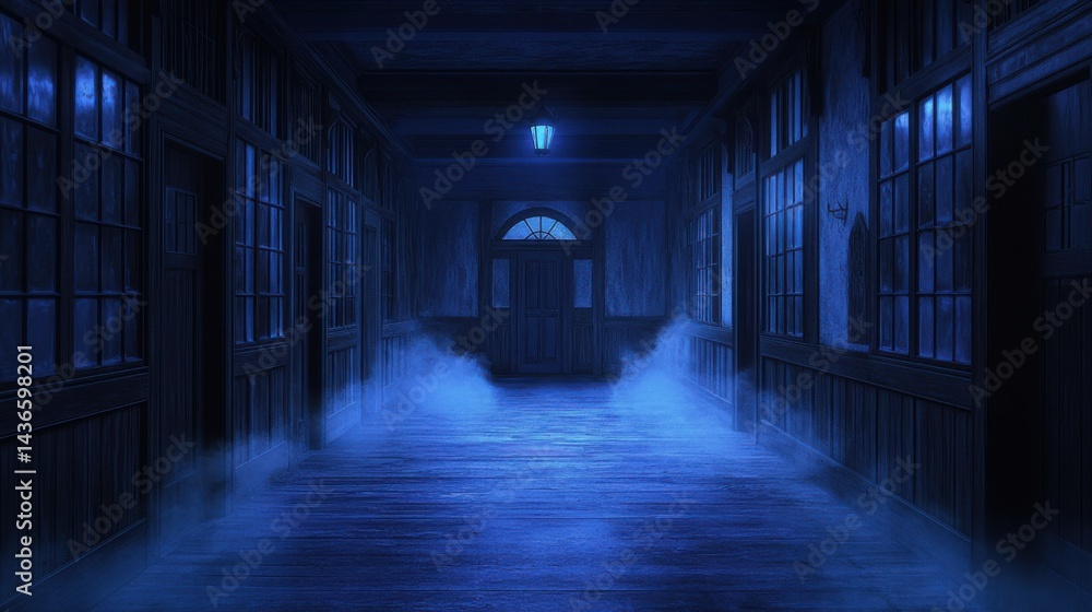 Fototapeta premium Long, empty hallway in a magic school, old wooden doors on either side, faint moonlight filtering in, anime style, nighttime