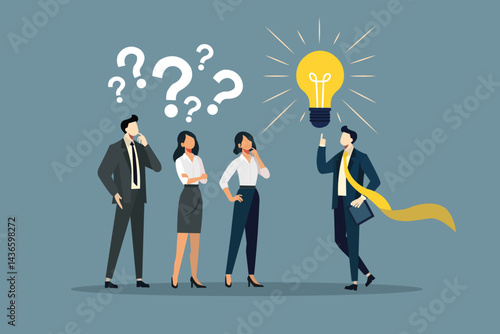 Question answer, advice or suggestion, solving problem with solution, q and a or faq, quiz or solution discovery, information guidance concept, businessman offer solution for people question marks.